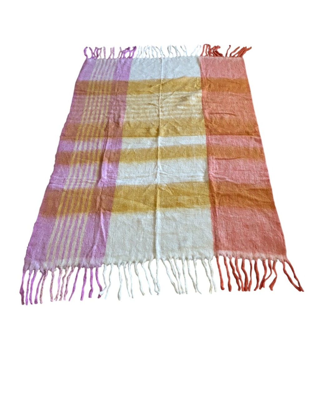 Anthropologie Brushed Mohair Wool Plaid Tassel Throw Blanket Striped Pastels